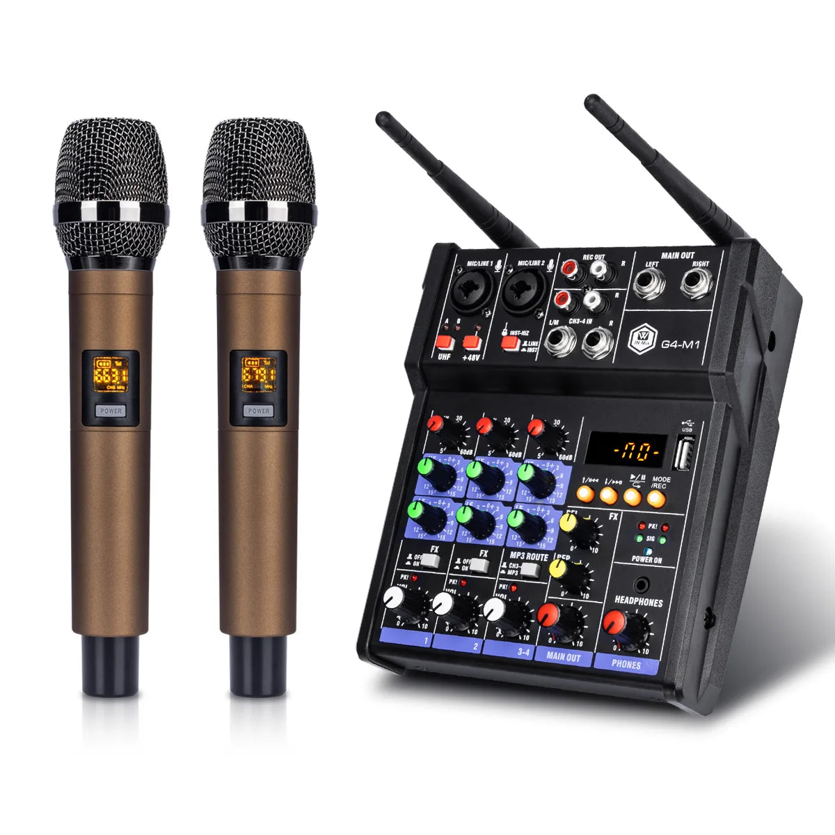 4 Channel Audio Mixer With UHF Wireless Microphone Kit Bluetooth USB And 48V Phantom Power