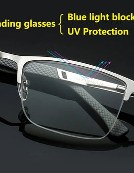 Reading Glasses Men Anti-blue Light Metal Half Frame Presbyopia Eyeglasses Frame Men‘s Bussiness Computer Eyewear +2