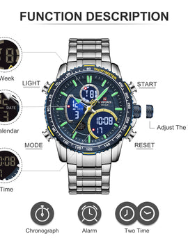 Sport Watch For Men Chronograph Quartz Wristwatch Military Waterproof Steel Band Clock