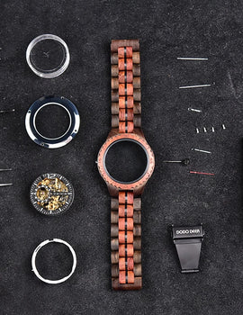 Automatic Self-Wind Watch for Men Wood Red Sandalwood Wristwatches Male Waterproof In Wooden Box