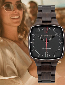 Quartz Watches Unisex Lover's Fashion Wristwatch Male With Ebony Wood