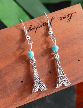 Bohemian Natural Turquoise Stone Beads Eiffel Tower Earrings for Vintage Tibet Silver Color Jewelry