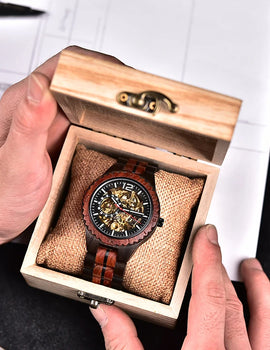 Automatic Self-Wind Watch for Men Wood Red Sandalwood Wristwatches Male Waterproof In Wooden Box