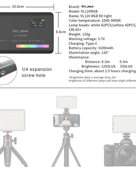 RGB Camera Video Light Mini Portable 3100mAh Photography Lighting Smartphone Vlog Fill Light RGB Video Light