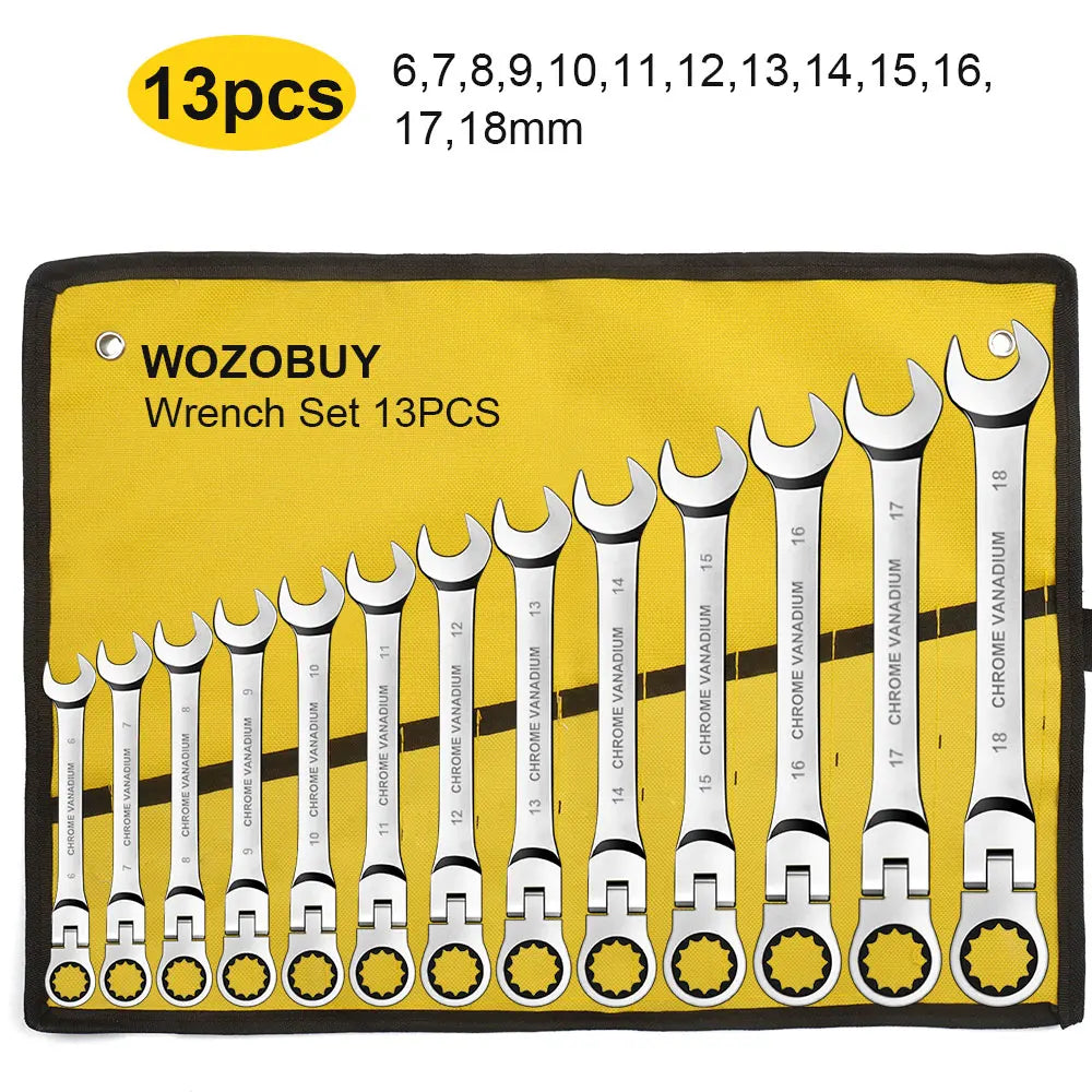 Metric Flex Head Ratcheting Combination Wrench Set 6–22mm 72-Tooth Cr-V Steel Spanner Set with Portable Storage Bag