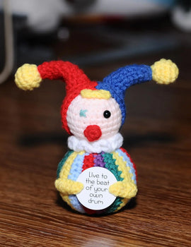 2 Pcs Funny Positive Crochet Clown Doll With Card Emotional Support Handmade Knitted Mini Clown Gifts Halloween Christmas Home Decor