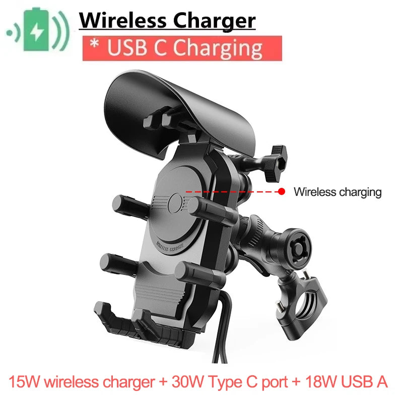 Shockproof & Light Blocking Motorcycle Phone Holder Wireless Charger & 18W USB 30W Type C Fast Charging Motorbike Bicycle Stand