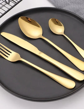 24pcs Golden Tableware Set Light Luxury Stainless Steel Cutlery Fork Knife Spoon Dinnerware Set Minimalist Decor with Gift Box