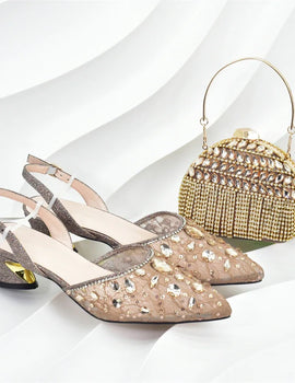 African Wedding Shoes and Bag Set with Rhinestone Italian Design Shoes with Matching Bags Nigerian Lady Party Pumps