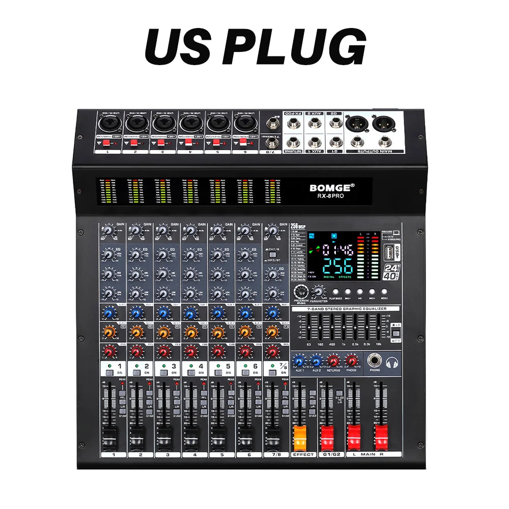 Professional 8 Channel Audio Mixer Console with USB Bluetooth and 256 DSP Effects