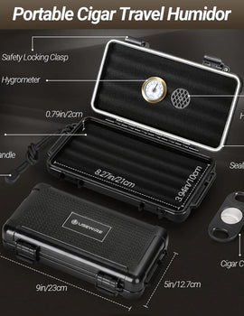 Cigar Travel Humidor and Cigar Lighter Set, Portable Cigar Case with Humidifier Hygrometer, Cutter Cigar Cutter