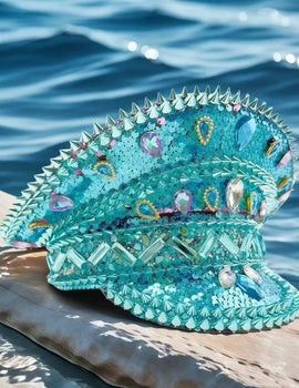 Blue Beach Elegant Burning Man Steampunk Top Hat, Captain Hat Rhinestone Woman, Cruise Party Caps for Man Original