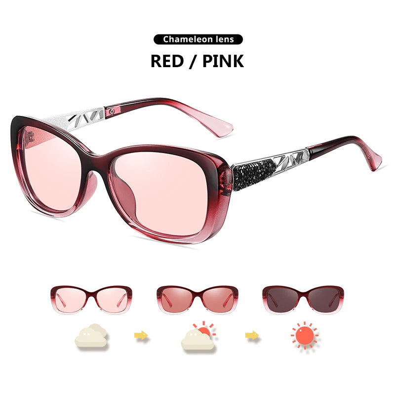 Diamond Frame Photochromic Polarized UV400 Fashion Sunglasses for Women Travel Glasses