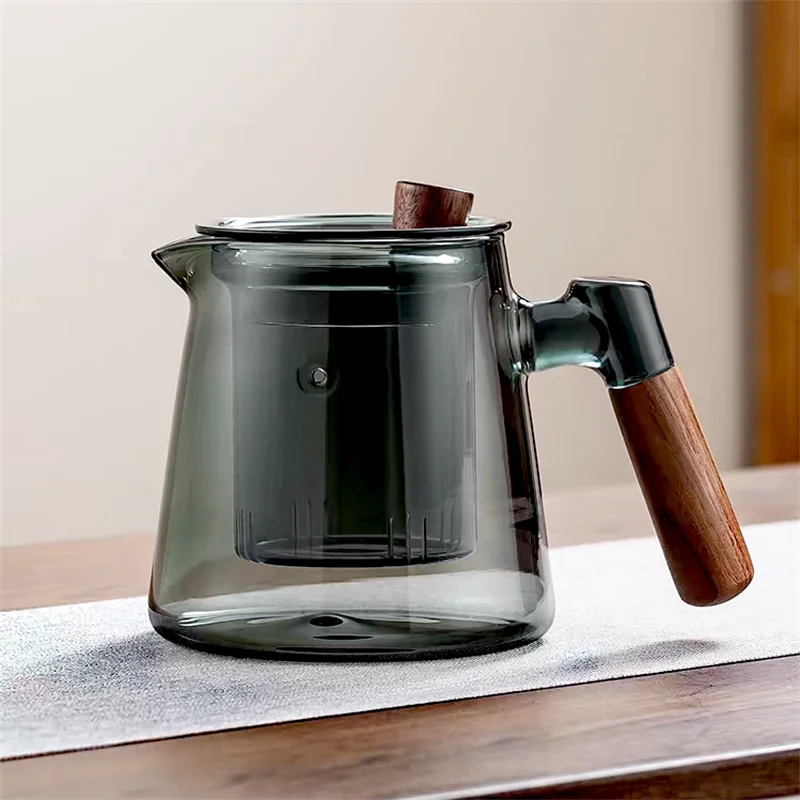 600ml Walnut Wooden Handle Glass Teapot with Tea Water Separation Filter