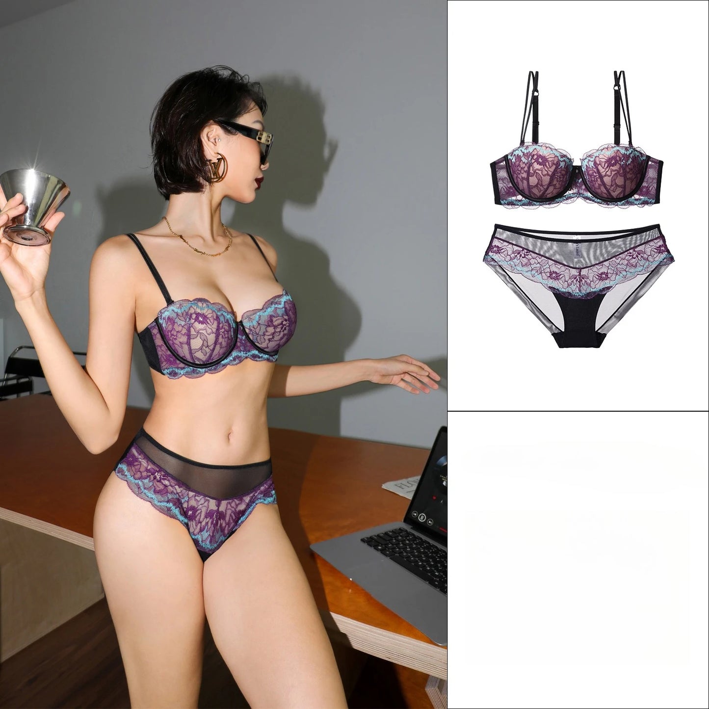 Womens Lace Underwire Minimizer Bra and Brief Set