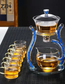 Glass Teapot Set Glass Automatic Lazy Tea Set Rotating Cover Kung Fu Heat-Resistant Teapot 6 Cups