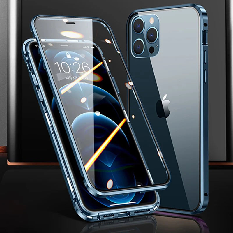 360°Full Protection Metal Snap Lock Phone Case For iPhone 16 Pro Max 14 15 Pro Max Double-Sided Glass Bumper Case