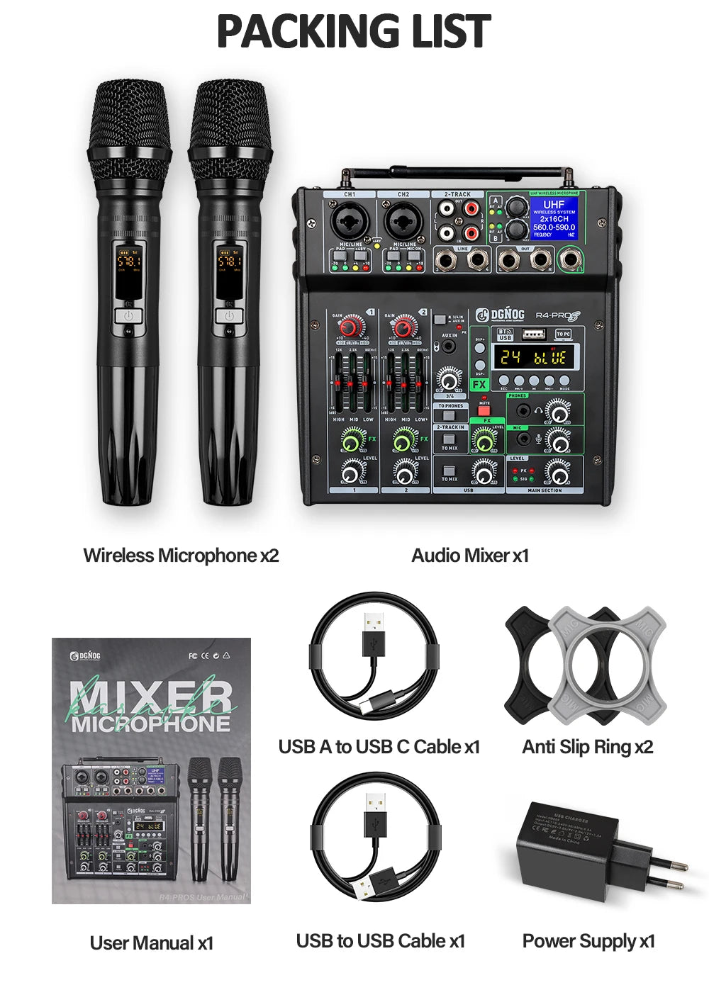 DGNOG Dual UHF Wireless Microphone DJ Audio Mixer 4 Channel Mixer Karaoke Mixer USB Bluetooth for Computer Recording Studio