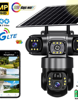 12MP 6K Outdoor Solar 4G Camera Three Lens Three Screen PIR Motion Detection Cam Waterproof Night Vision Smart Security CCTV