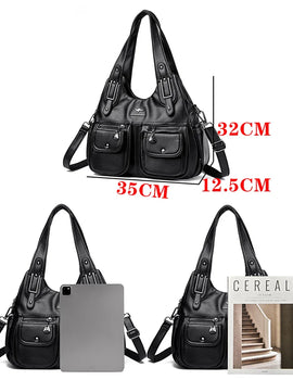 Women Casual Multiple Pockets Tote Bag Lady Large Capacity Shoulder Crossbody Bag Vintage Soft Leather Travel Bag