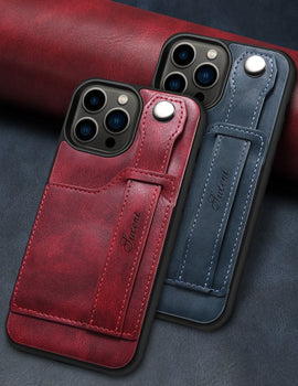Luxury Leather Phone Case for iPhone 15 Pro Max 14 Plus 15Pro with Card Slot & Wrist Strap Holder Back Cover
