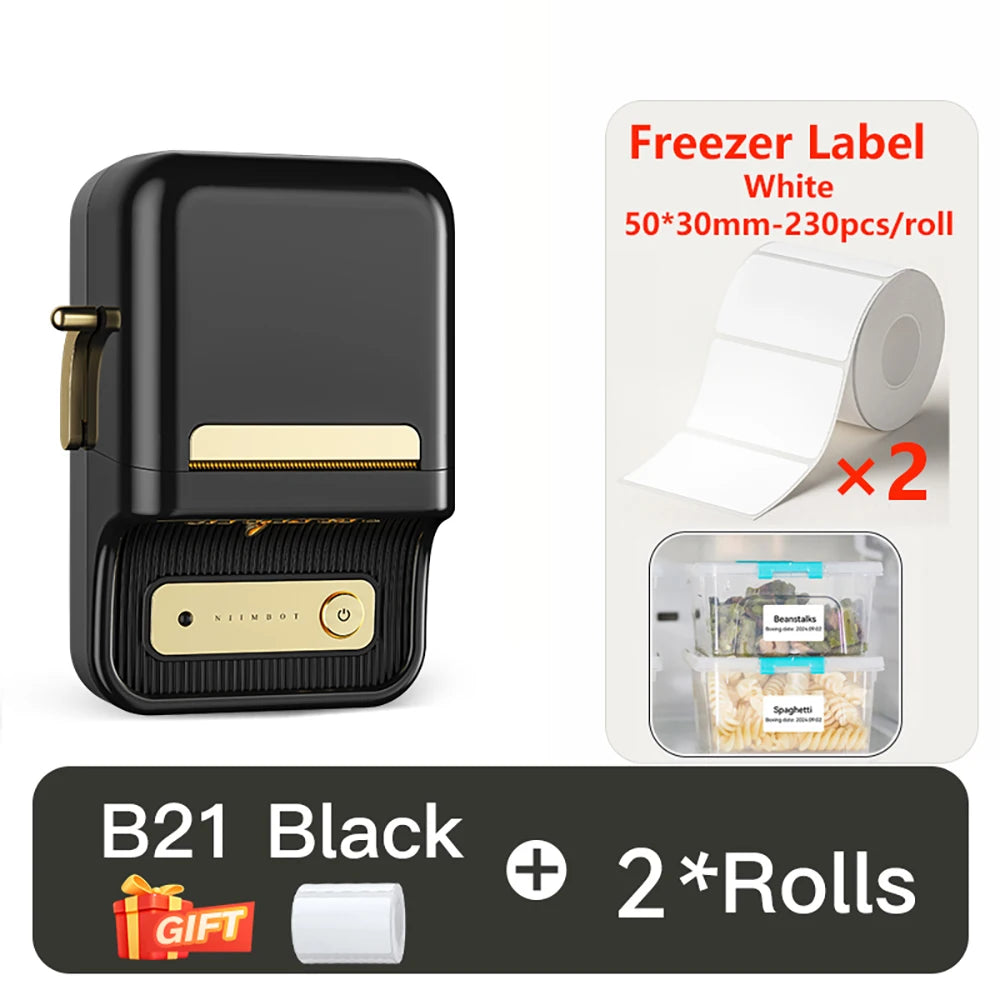 B21 Kitchen Label Printer, Bluetooth Wireless Thermal Label Maker 20–50mm, Inkless Freezer Sticker Printer for Home & Food Storage