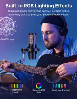 K5 USB Microphone for Gaming Live Streaming on PC Mac,Headphone Jack/Touch-Mute Button/RGB/AI Noise Reduction/Gain Control