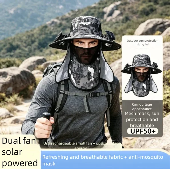 Wide Brim Solar Fan Hat With Dual Fans And USB Charging