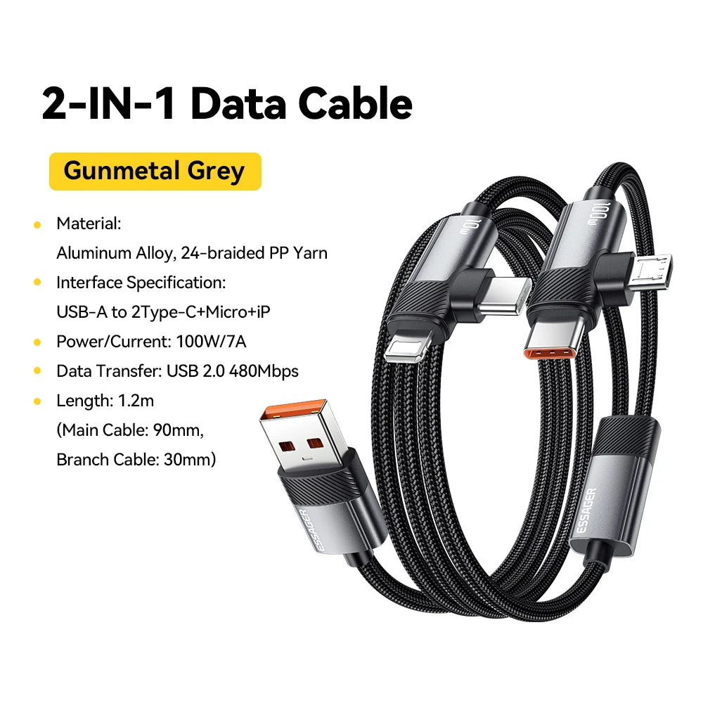 2-in-1 100W Fast Charging Multi Cable (Type-C / Micro / Lightning)