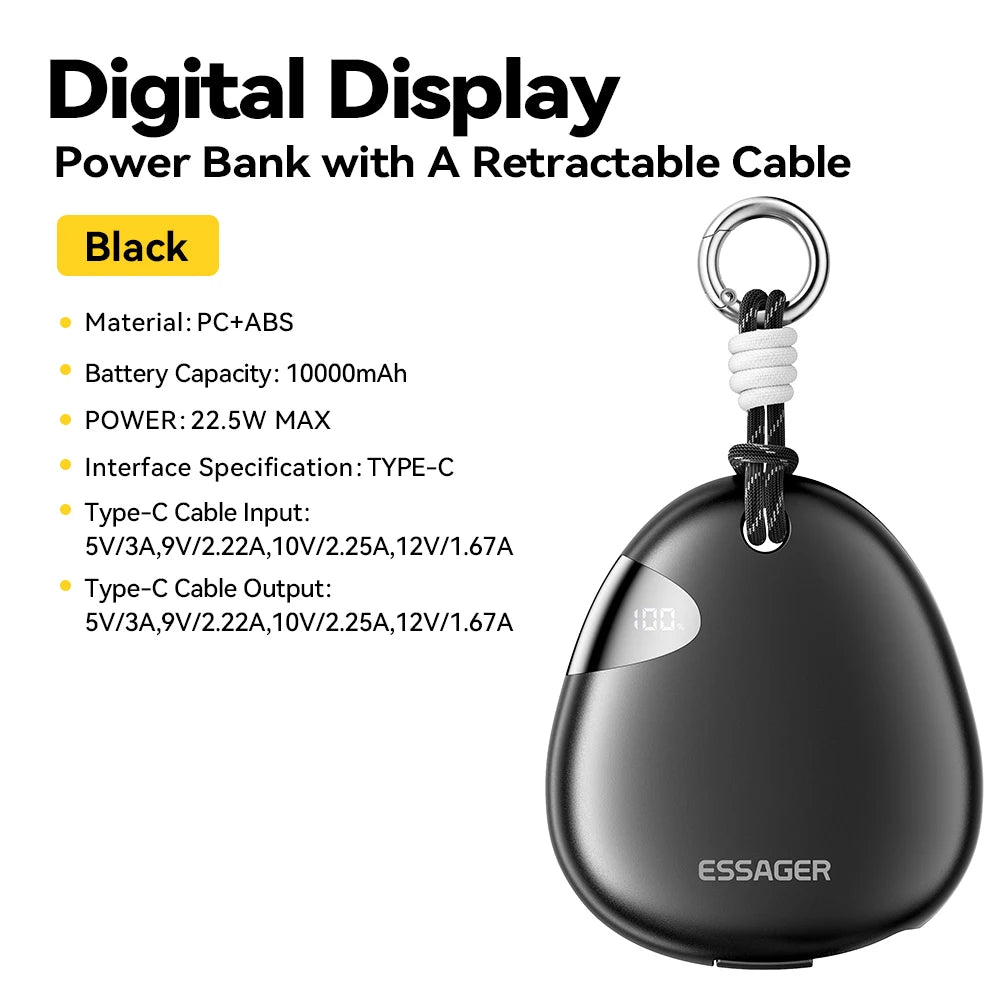 10000mAh Power Bank 22.5W Fast Charging Retractable Cable Wireless Charging with Digital Display & SOS Light