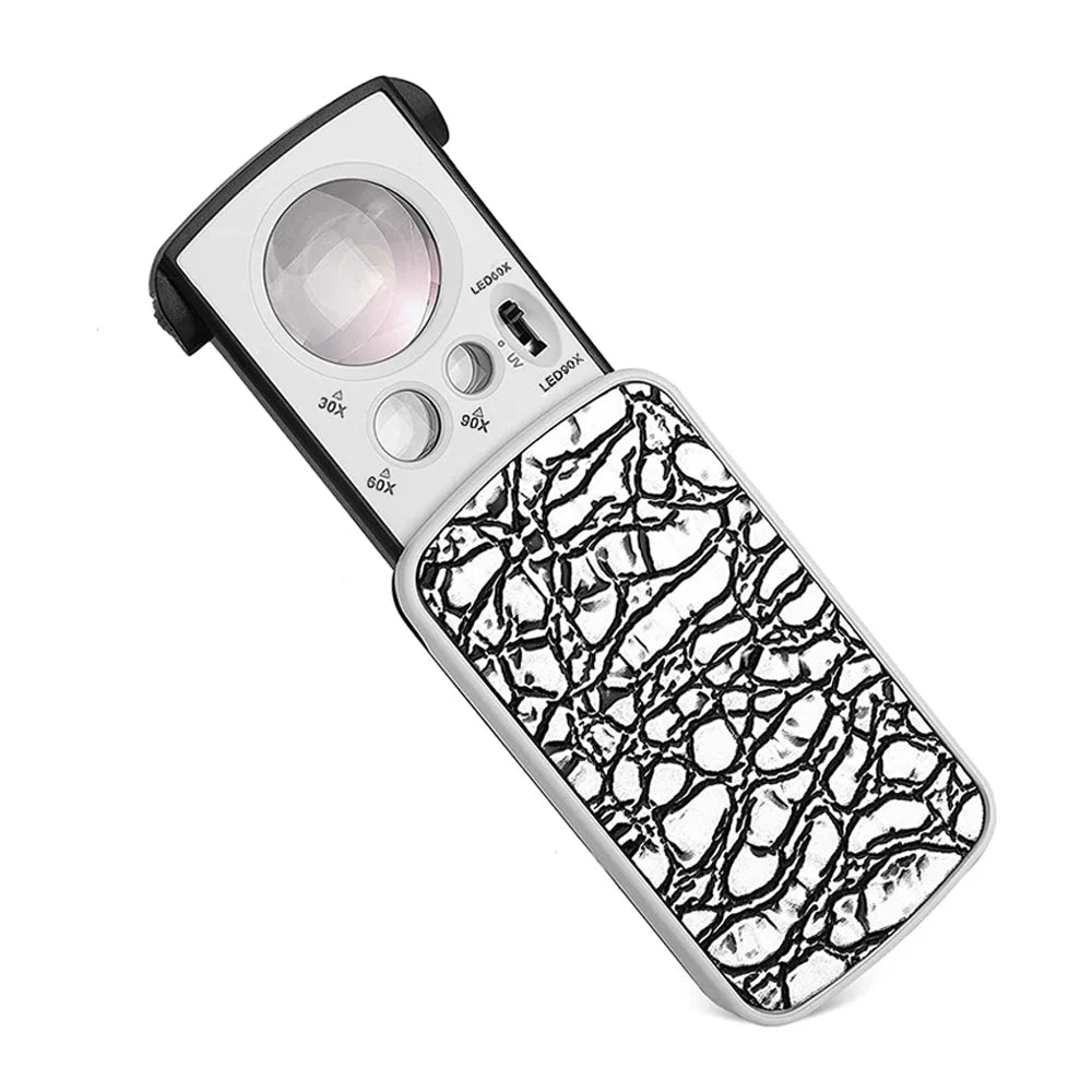 30X 60X 90X LED UV Jewelry Loupe Slide-Out Pocket Magnifier