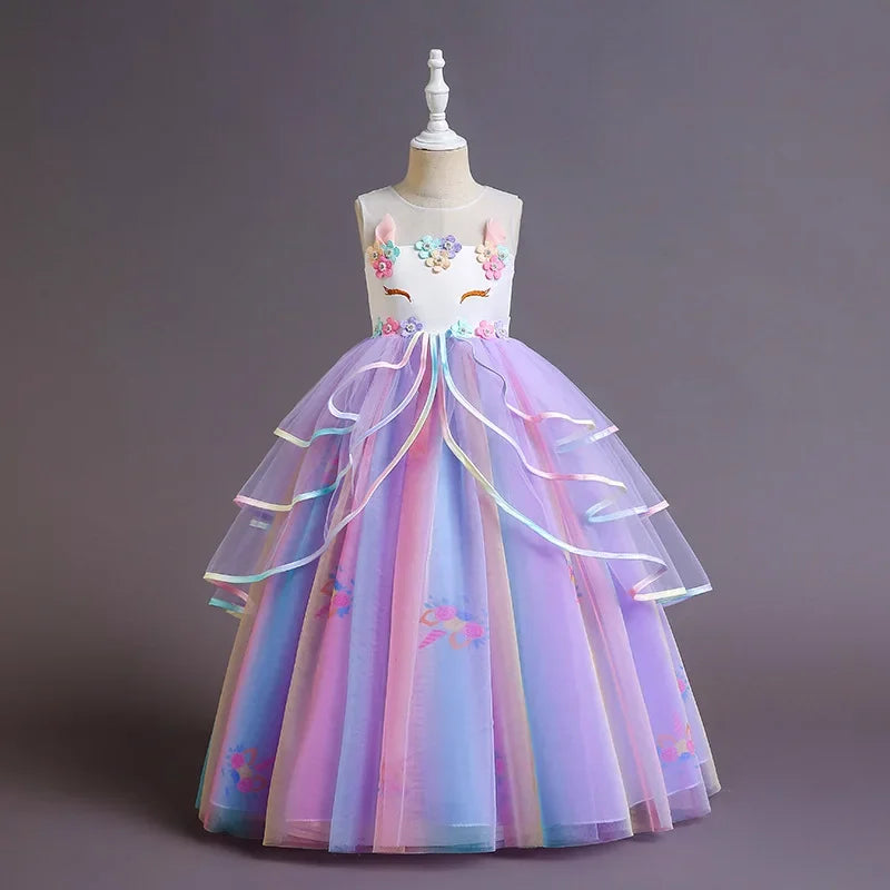 Elegant Princess Lace Dress Kids Flower Embroidery Dresses For Girls Vintage Children Costume for Christmas Party Pink Ball Gown