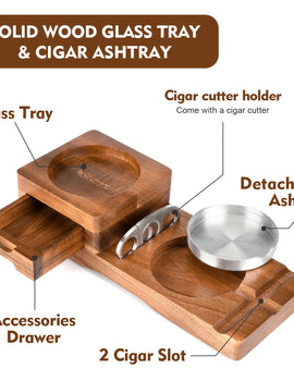 Cigar Ashtray for Men, Whiskey Glass Tray, Wooden Ash Tray, Cigar Cutter, Include Drawer, Cigar Slot, Accessories