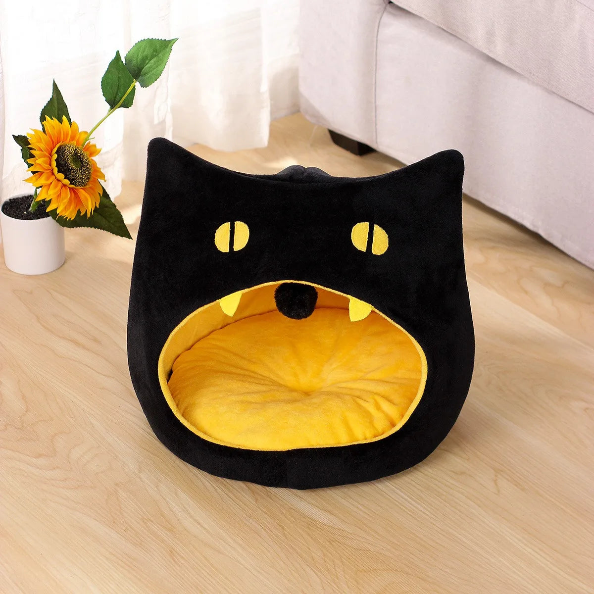 Warm Corduroy Pet House Bed Black for Cats and Small Dogs