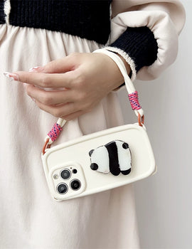 Cute 3D Cartoon Panda Grip Holder Lanyard Phone Case For iPhone 15 14 13 Pro Max Strap Lens Protection Silicon Soft Cover