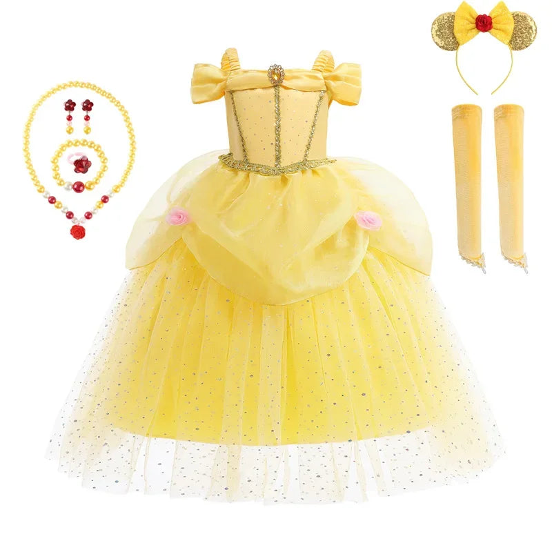 2025 Yellow Princess Dress For Girls Cosplay Carnival Costume Halloween Clothes Birthday Party Dresses Kids Birthday Clothing