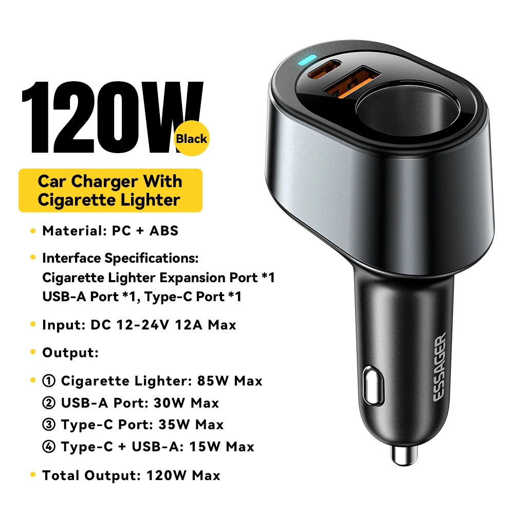 120W USB C Car Charger Adapter with 85W Cigarette Lighter Socket PD Fast Charging 3 Port
