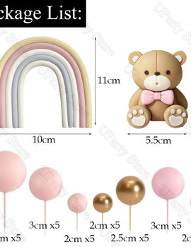 1 Set Pink Bear Cake Toppers Boho Rainbow Nude Pink Balls Cake Decorations for Birthday Baptism Shower Party Favor