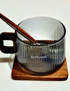 300ml Heat-resistant Stripe American Latte Glass Coffee Mug With Wooden Tray Spoon Milk Tea Cup Fresh Ground Coffee Cup