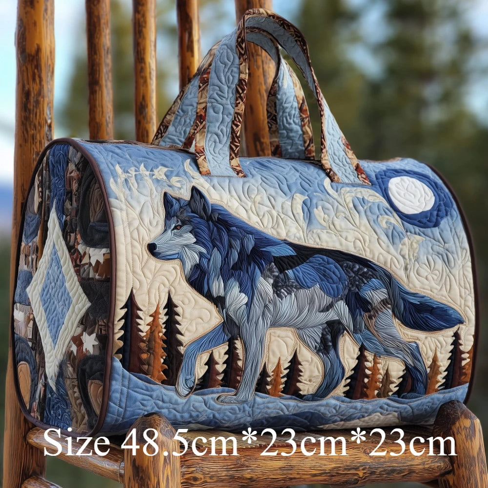 Quilted Wolf Feather Travel Duffel Bag 3D Printed Tribal Spirit Animal Lightweight Carry-On Weekender Bag for Adventure Gym