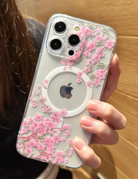 Floral Flower Transparent Magsafe Phone Case iPhone 16 15 14 Pro Max 14 15 16 Plus Clear Wireless Charge Cover