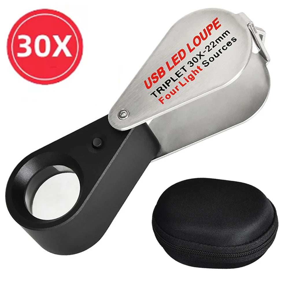 10X 20X 30X Rechargeable LED UV Jewelry Loupe with 4 Light Modes