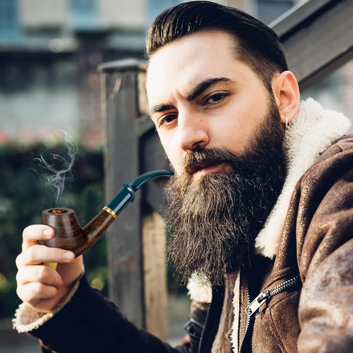 Wood Pipe Set with PU Leather Travel Pipe Pouch,Replaceable Pipe Stem,Pipe Filters and Smoking Pipe Accessories