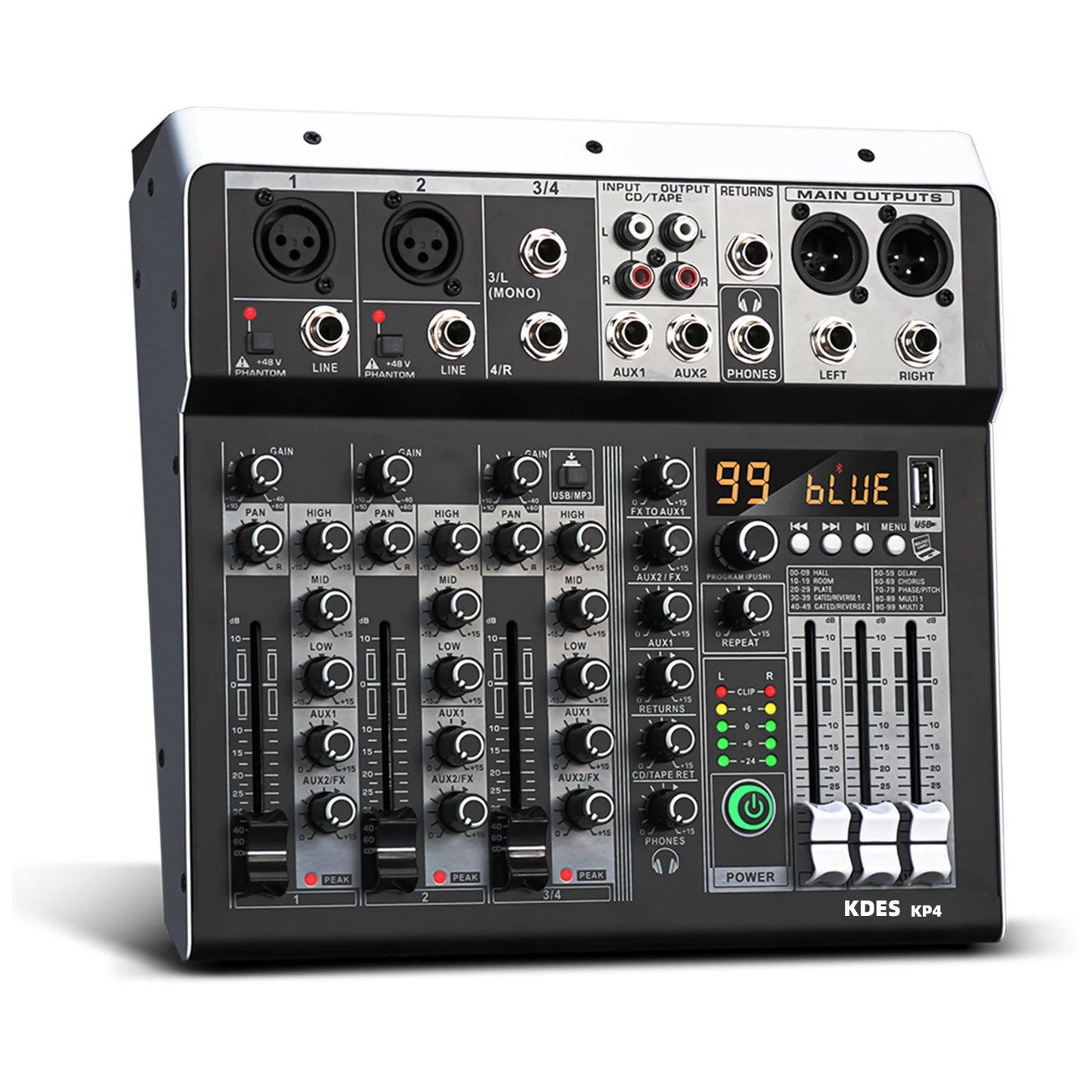 4 Channel Audio Mixer With 99 DSP Effects USB Bluetooth And 48V Phantom Power