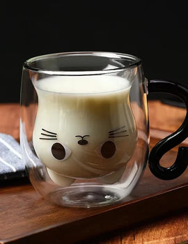 250ml Cartoon Cat Double Wall Glass Cute Coffee Tea Cup Heat-resistant Coffee Mug Handle Espresso Cup For Latte Cappuccino