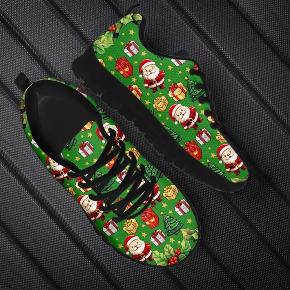 Wear-Resistant Casual Sneakers Santa Claus Snowflake Pattern Lace up Flat Shoes Women Mens Tennis Christmas Gifts