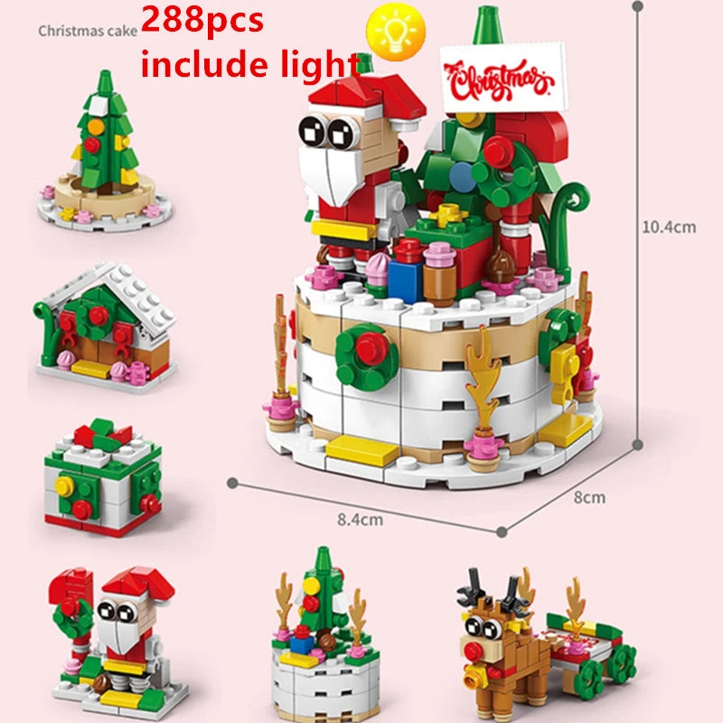 DIY 8in1 Lights Christmas Elk Deer Santa Claus Train Architecture Store Street View Xmas Tree Snow House Building Block Kit Toy