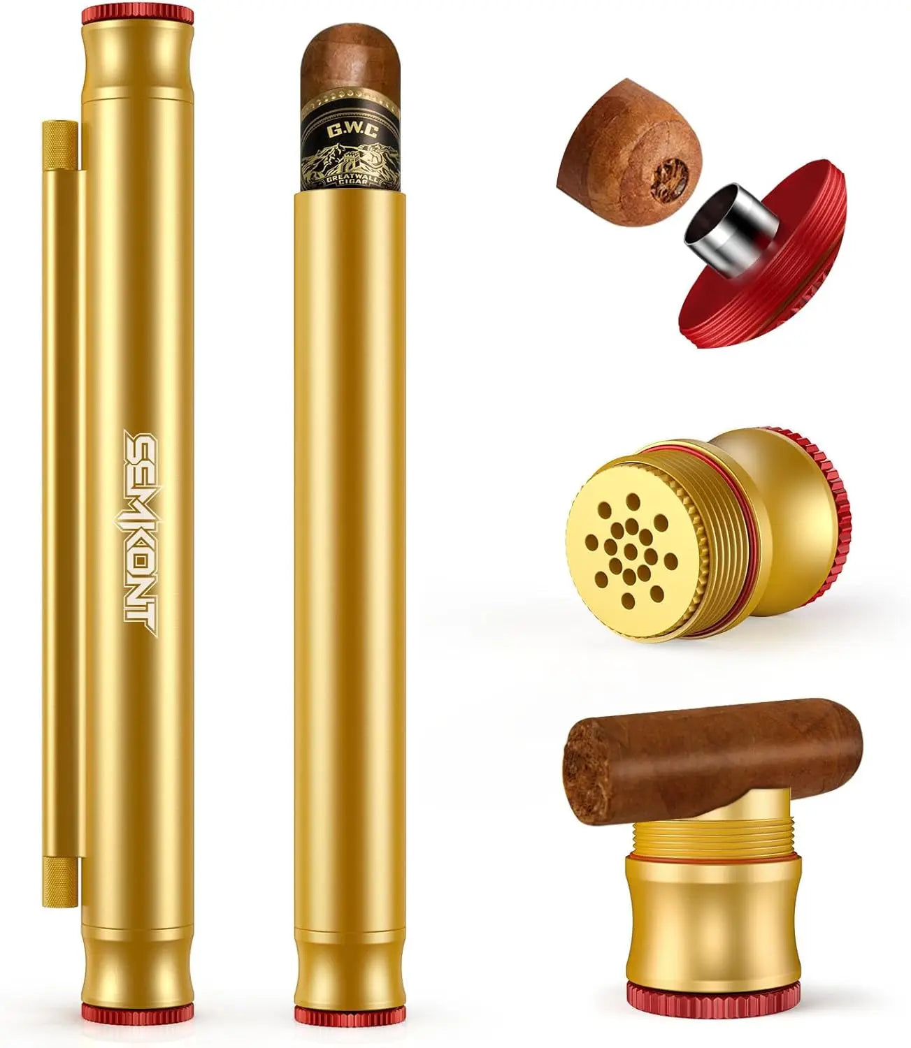 Travel Cigar Tube, Portable Aluminum Cigar Storage Tube Built in Humidifier, with Dual Cigar Punch Cigar Needle Cigar Holder