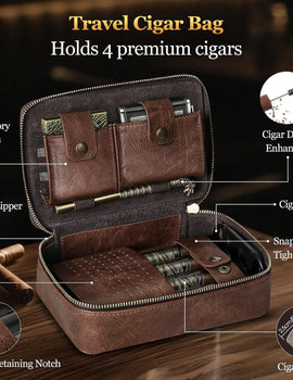 Cigar Humidor, Leather Travel Cigar Case, Include 4 Cigar Tubes & Humidifier, Cigar Draw Enhancer and Multifunction Cigar Cutter