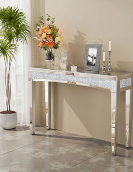 47.2" Mirrored Desk Silver Console Table Mirror Sofa Table with Crystal Inlay Front for Living Room, Entryway, Foyer